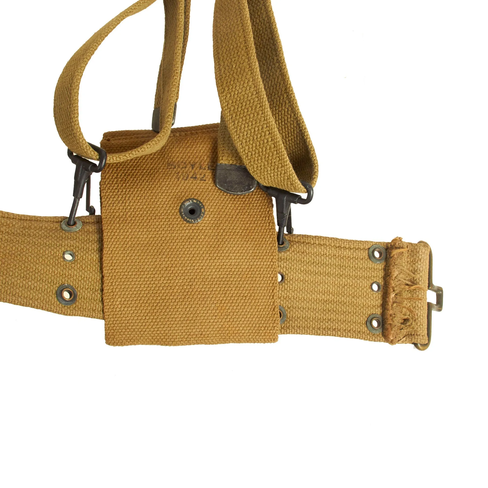 Original U.S. WWII Officer M1936 Pistol Belt, M1936 Suspenders, M1911 Holster, Magazine Pouch, M1910 Canteen Set & First Aid Pouch WITH Box & Bandage