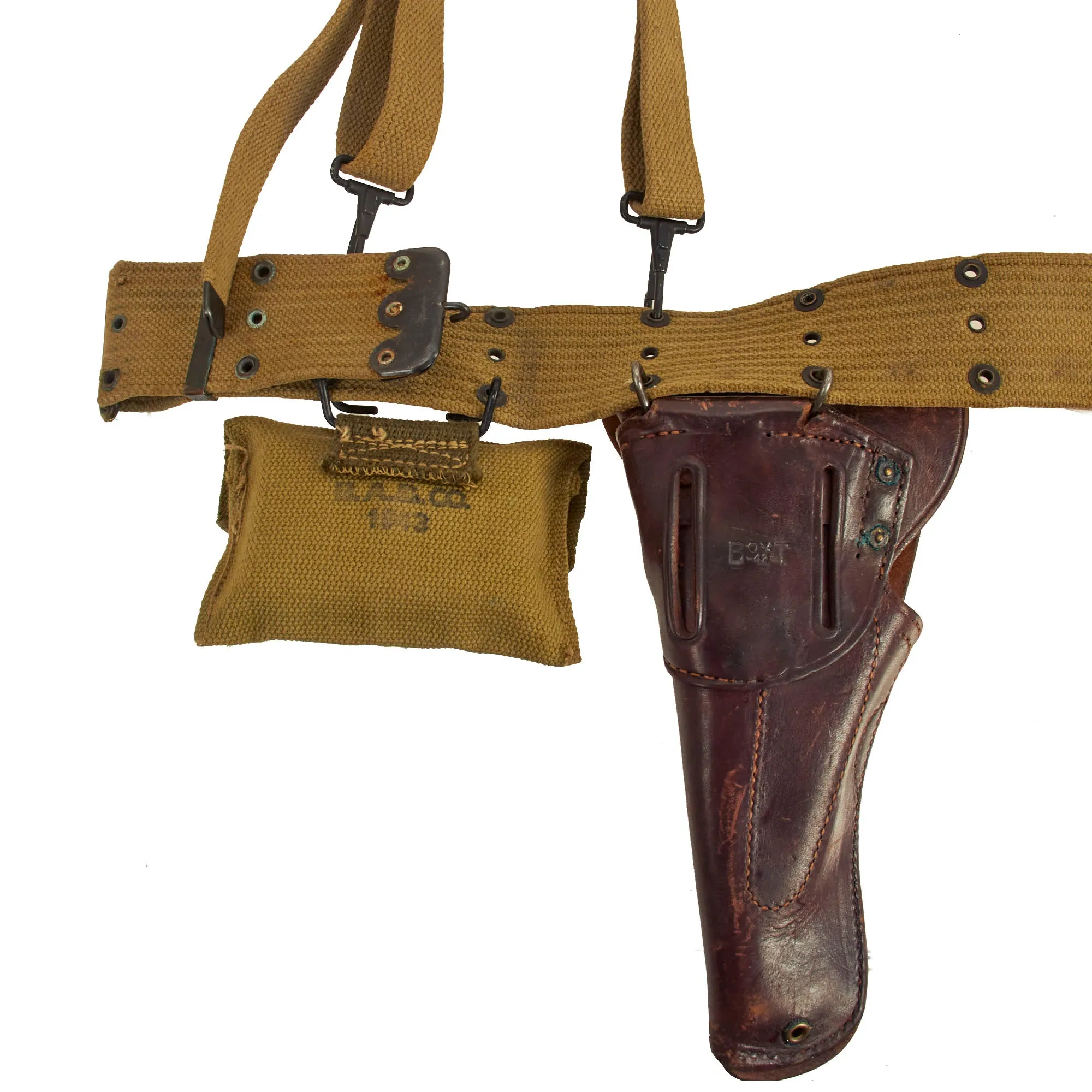 Original U.S. WWII Officer M1936 Pistol Belt, M1936 Suspenders, M1911 Holster, Magazine Pouch, M1910 Canteen Set & First Aid Pouch WITH Box & Bandage