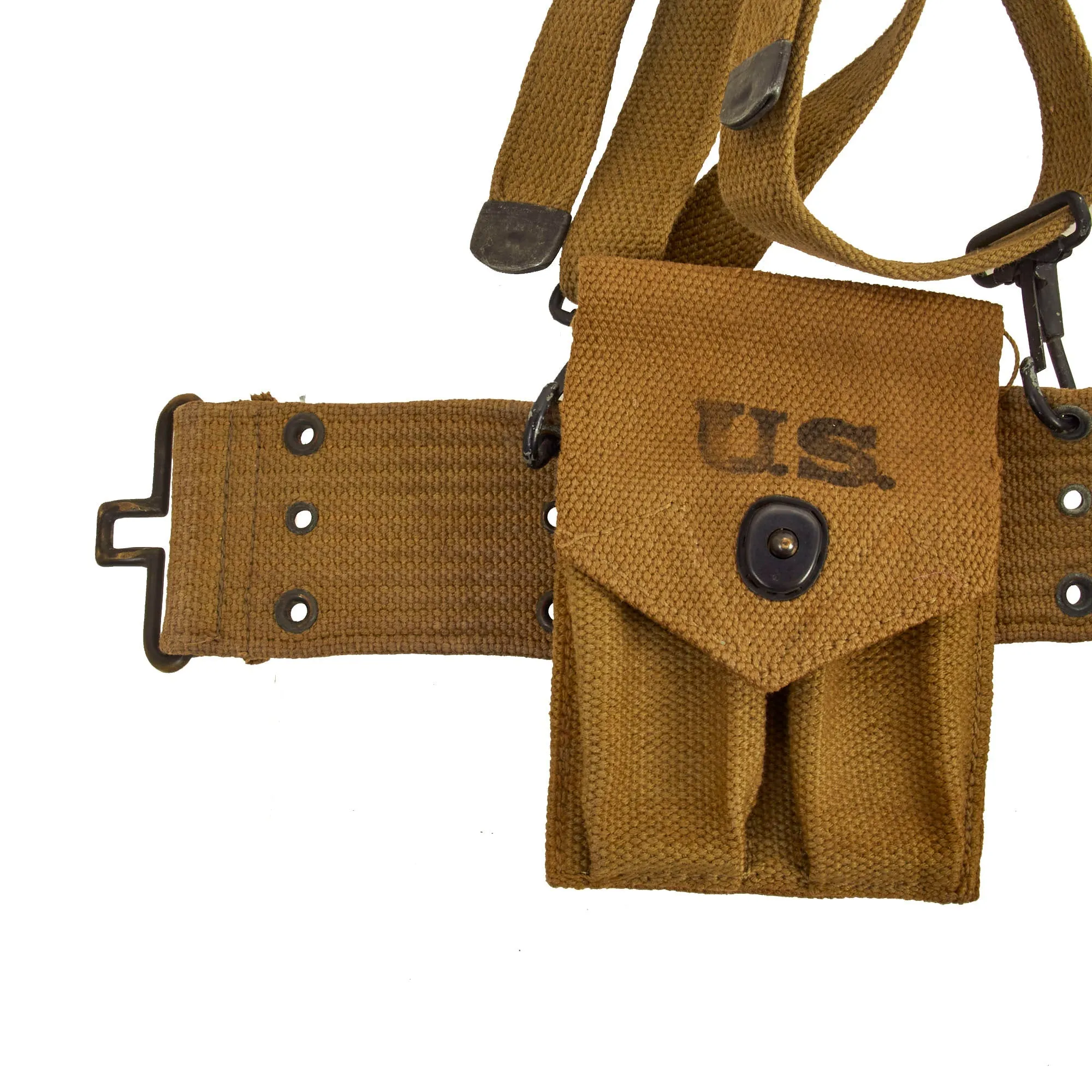 Original U.S. WWII Officer M1936 Pistol Belt, M1936 Suspenders, M1911 Holster, Magazine Pouch, M1910 Canteen Set & First Aid Pouch WITH Box & Bandage