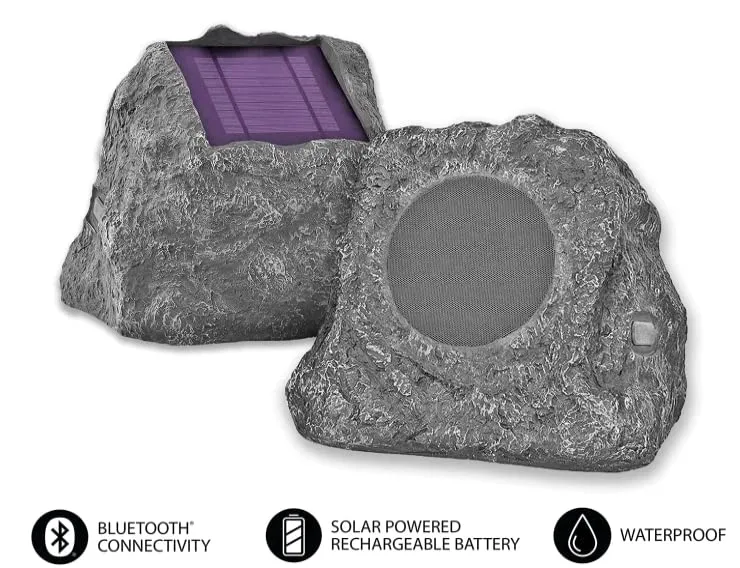 Victrola Outdoor Rock Speaker Pair - Wireless Bluetooth , for Garden, Patio, Waterproof, Built all Seasons & Solar Powered with Rechargeable Battery, Music Streaming Charcoal