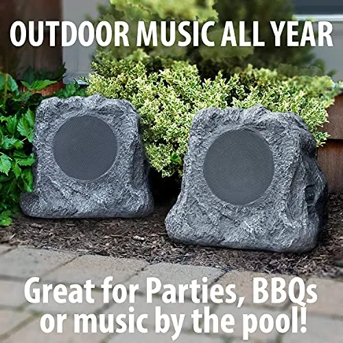 Victrola Outdoor Rock Speaker Pair - Wireless Bluetooth , for Garden, Patio, Waterproof, Built all Seasons & Solar Powered with Rechargeable Battery, Music Streaming Charcoal