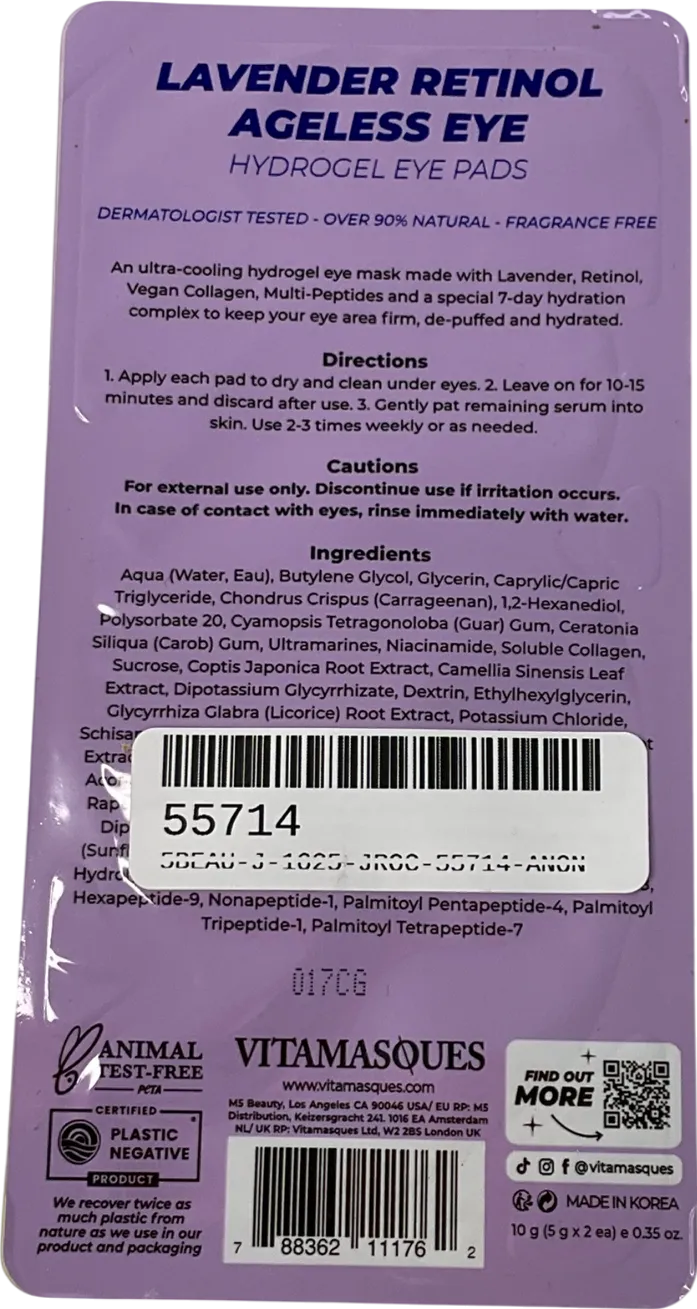 vitamasques Lavender Retinol Ageless Eye Hydrogel Eye Pads 10g