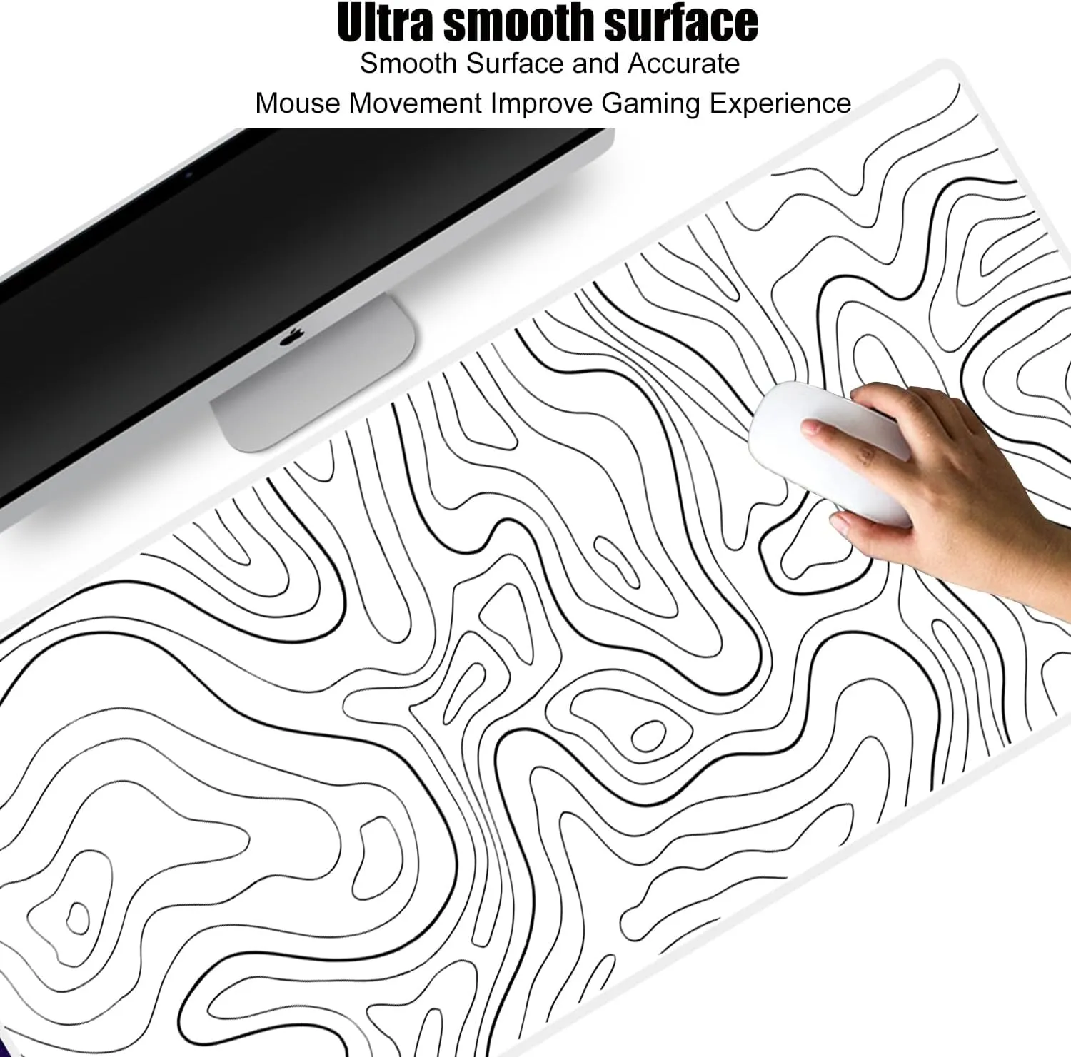 White Mouse Pad, Topographic Mouse Pad Large, Gaming Desk Pad, XL Mousepad, Keyboard Pad, Desk Mat, 31.5 x 11.8 in, Minimalist Contour for Office