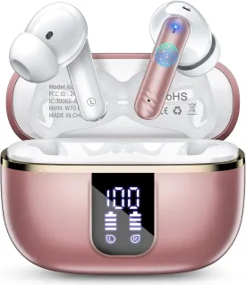 Wireless Earbuds Bluetooth, In Ear Headphones Bluetooth 5.4 Stereo Deep Bass, Ear Buds with Noise Cancelling Mic, 38H Playtime with LED Display, IPX7 Waterproof, Earphones for Android iOS, Rose Gold