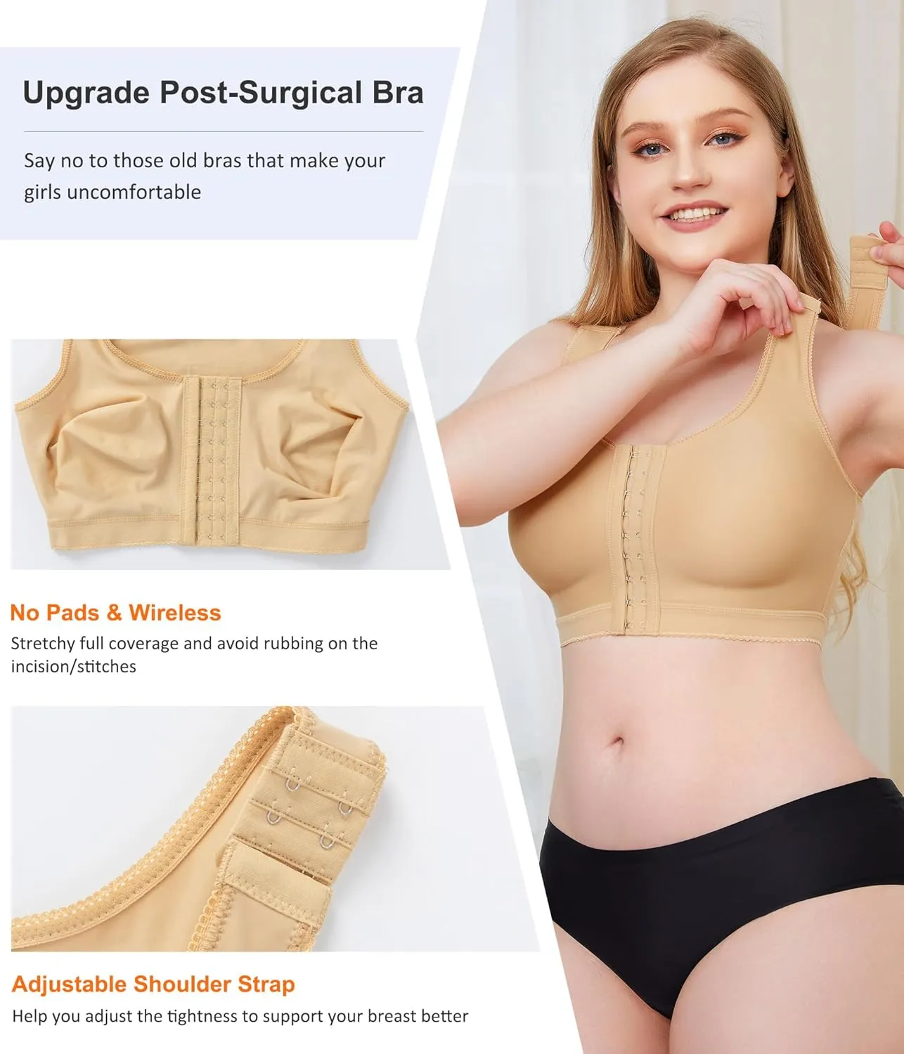 Wonderience Post-Surgical Bra Wide Adjustable Straps with Front Closure Wirefree