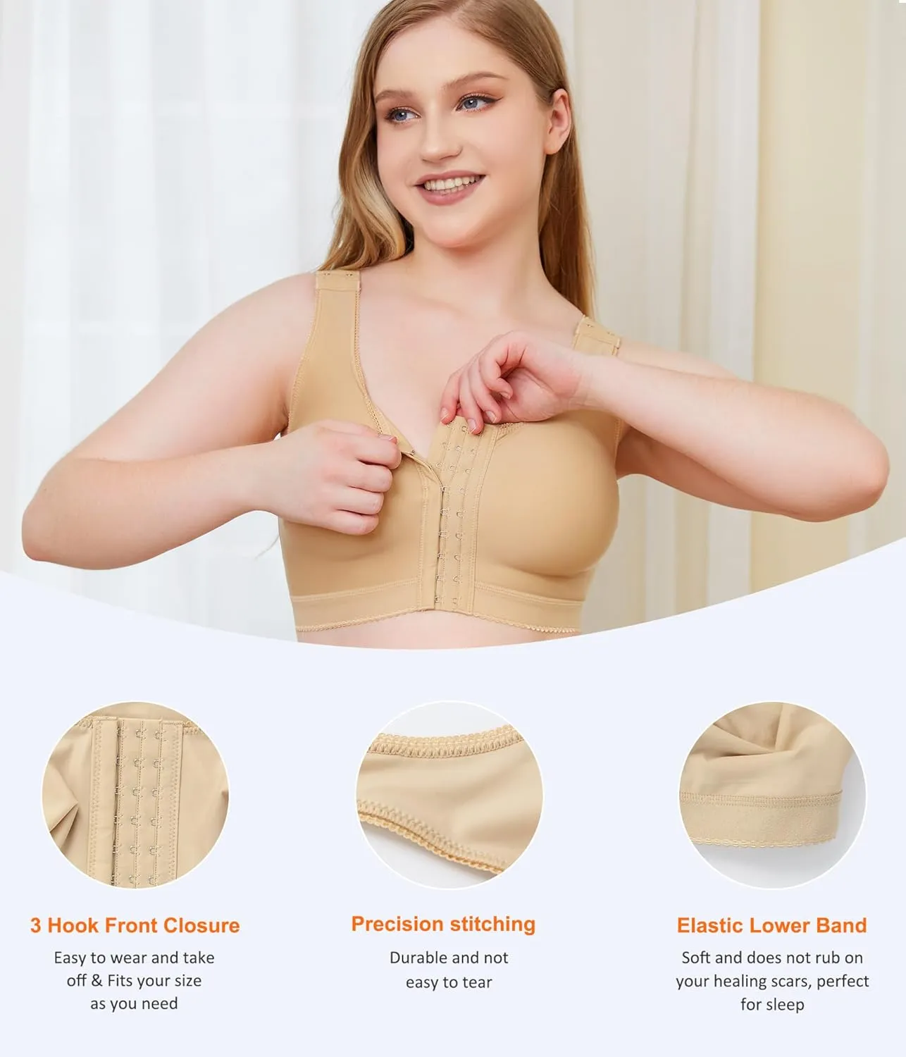 Wonderience Post-Surgical Bra Wide Adjustable Straps with Front Closure Wirefree